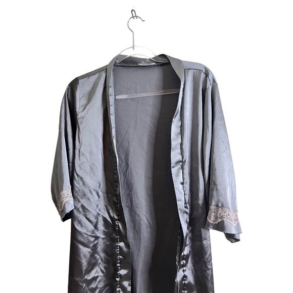 Ekouaer Robe Womens Small Classic Gray Satin Kimono Short Lounge Lace Accent - Picture 3 of 5